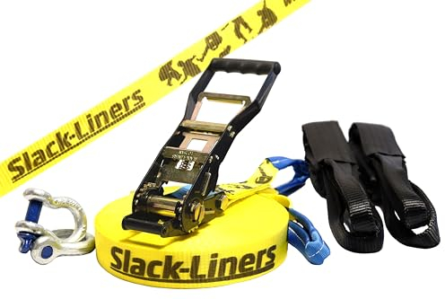 Slack-Liners 6 Teiliges Slackline-Set GELB - 50mm breit, 25m lang - mit Langhebelratsche Made in Germany