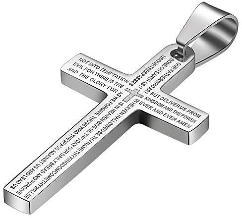 JewelryWe Schmuck Edelstahl Bibel Gebet Kreuz Anhänger mit 55cm Kette, Halskette für Herren Damen, Silber