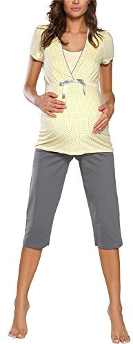 Italian Fashion Pyjama Femme Enceinte | Pyj' Allaitement Coton | Tenue Maternité Accouchement | 2 Pièces avec T-Shirt Manches Courtes & et 3/4 Pantalon | Pyjama Grossesse et Maternité S-XXL