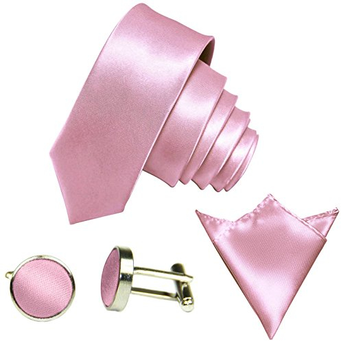 GASSANI 3Tlg Krawatten-Set, 6Cm Skinny Schmale Rosane Herren-Krawatte Dünn Manschettenknöpfe Ein-Stecktuch, Bräutigam Hochzeitskrawatte Glänzend