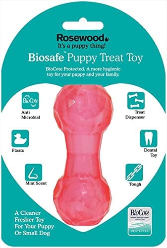 Rosewood BioSafe Dumbbell Treat Toy for Dogs and Puppies - Durable, Hygienic, Interactive Puppy Toy, Mint Scented, Antimicrobial, Promotes Dental Health, Suitable for All Dog Breeds, Pink