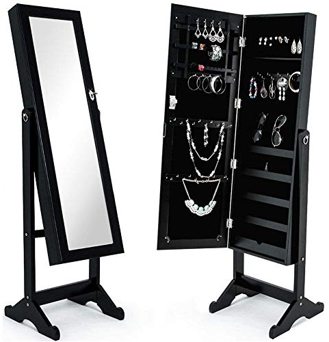 BAKAJI Specchiera Portagioie Modello Ginevra Armadietto Portagioielli Specchio con Anta Porta Oggetti, Armadio Organizer Porta Gioielli (Nero)