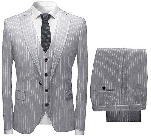 CALVINSUIT Uomo Completo da Uomo gessato 3 Pezzi vestibilità Slim Monopetto Giacca da Cerimonia Nuziale Vest Gilet