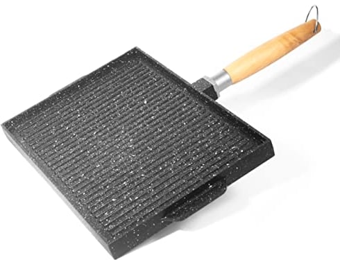 NAMAI - Bistecchiera Antiaderente Pietra, 41CM x 25CM, Alluminio Pressofuso, Lati Grill e Liscio, Padella Manico Removibile, Made In Italy