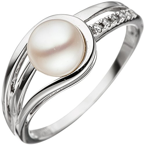 Jobo Damen-Ring aus 14 Karat 585 Weißgold mit Perle und 5 Diamanten Größe 58