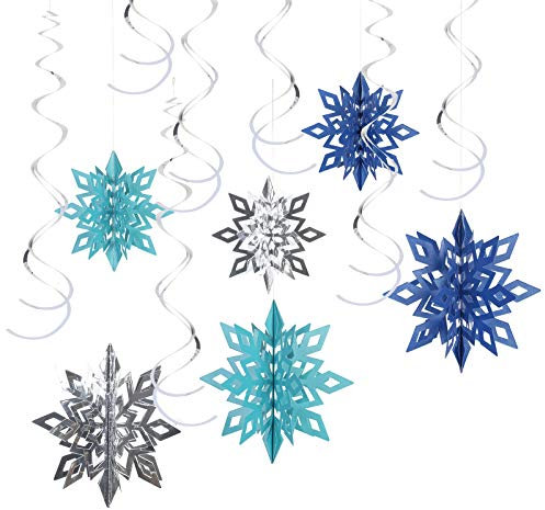 LANMOK 3D Schneeflocken Eiskönigin Party Schneeflockendeko Spiralen Anhänger Deko für Kinder Geburtstag Weihnachten Blau(24tlg)