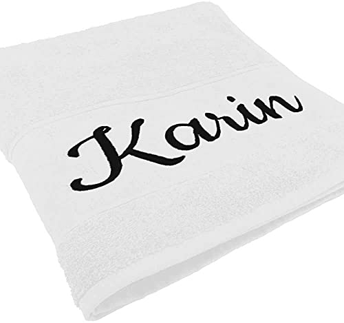 Handtuch mit Namen oder Wunschtext Bestickt, personalisiertes Duschtuch, individuelles Badetuch, 100% Baumwolle, 100 x 50 cm weiß
