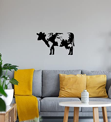Kuh mit Weltkarte Wandtattoo Schwarz Aufkleber 74 x 45 cm
