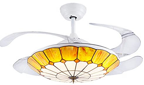 Vintage LED Tiffany Deckenleuchte Deckenventilator mit Beleuchtung und Fernbedienung Dimmbarer leiser, Retro Ventilator Lampe für Schlafzimmer Wohnzimmer Fan Deckenlampe Lampenschirm aus Buntglas (B)