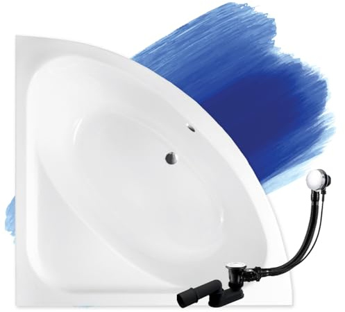 BADLAND Badewanne Original Weiß Acryl Wanne Eckbadewanne LUKSJA 148x148 KOMPLETTSET SET + Füßen und Exklusive Chrom Automatik Ablaufgarnitur Made in EU 3in1