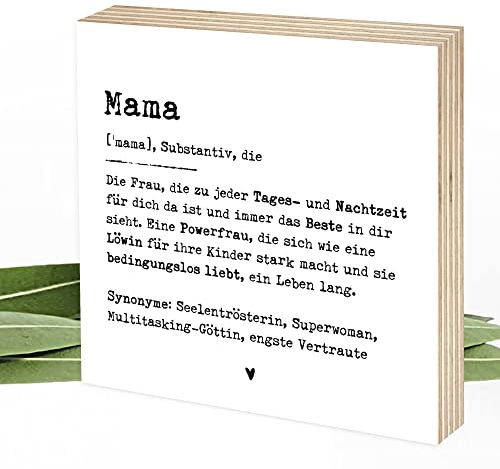Wunderpixel® Holzbild Definition Mama - 15x15x2cm zum Hinstellen/Aufhängen, echter Fotodruck mit Spruch auf Holz - schwarz-weißes Wand-Bild Aufsteller Zuhause zur Dekoration Muttertag Geschenk-Idee