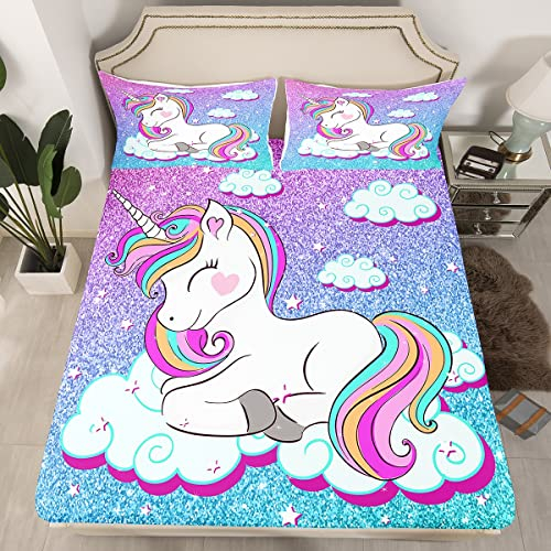 Mädchen Einhorn Spannbetttuch Mädchenhaft Glitzer Tier Dekor Spannbettlaken 140x200cm Pastell Regenbogen Verträumtes Pferd Bettlaken Set Rosa Blau Kein flaches Blatt Helles Schlafzimmer Dekor