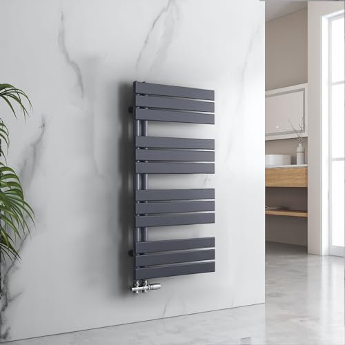 EMKE Radiador de baño plano, 1041 x 500 mm, color antracita, calentador de toallas para cuarto de baño, toallero de toalla, conexión lateral para agua, 529 W