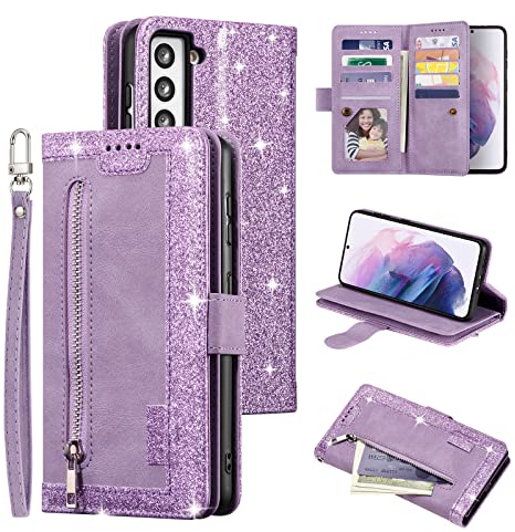 UEEBAI Wallet Case for Samsung Galaxy S22 5G, Retro 9 Card Holder Slots Zipper Pocket Handbag Case PU Leather Magnetic Closure Kickstand with Wrist Strap TPU Shockproof Flip Case - Glitter Purple