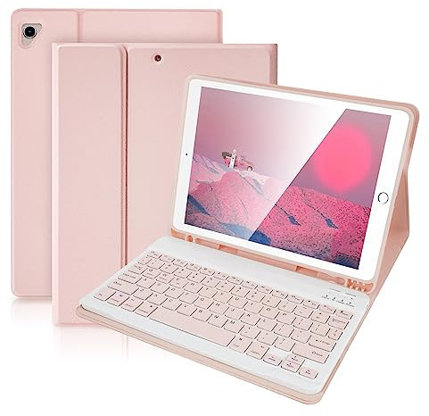 SOPPY Bluetooth Keyboard Case for iPad 6th Gen 2018/5th Gen 2017, iPad Pro 9.7, iPad Air 1-2, Detachable Wireless Keyboard with Pencil Holder, Slim Protective Cover, USB-C Rechargeable - Pink