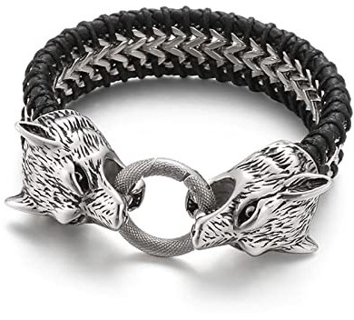 Wycian Armband Silber Jungs, 20MM Armband Wolf Rostfreier Stahl Leder Wunderschöne Geschenkidee für Männer
