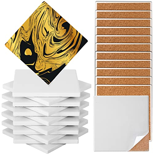 Ceramic Tiles for Crafts, GOH DODD 12 Pack Unglazed Blank Coasters White Tiles with 12 Cork Backings for Alcohol Ink, Painting, Acrylic Pouring, Art Projects, Housewarming Gifts, Square, 4 Inch