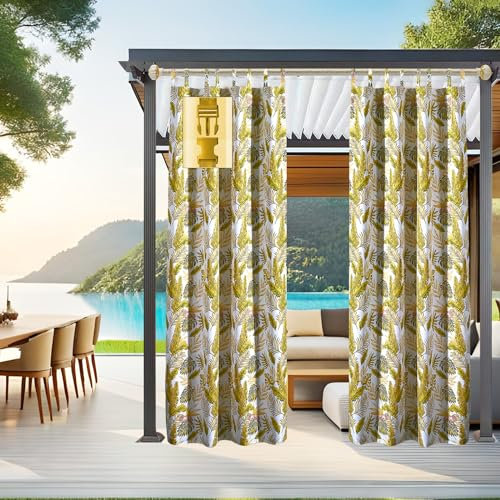 Comlax Outdoor Curtains Waterproof - 132x245 cm Tropical Leaves Printed Garden Thermal Insulation Blackout Drapes Detachable Buckle Tieback for Indoor Window and Outside Porch Pool, Balcony, Gold