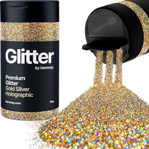 Hemway Premium Glitter Shaker - Gold Silver Holographic | Fine Metallic Flake Sequins for Resin & Epoxy Crafts | Craft Supplies for Tumblers, Festival, Hair, Face, Body, Eye & Nail Art | 130 g