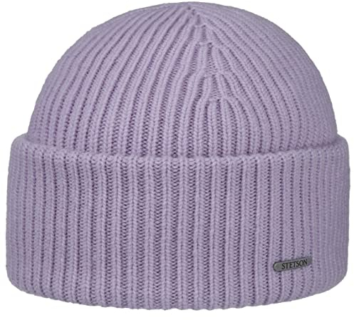 Stetson Classic Uni Wollmütze Damen/Herren One Size (ca. 54-58 cm) - Made in Italy - Aus 100% Wolle - Gestrickt - Beanie mit breitem Umschlag - Länge 23 cm - Herbst/Winter Flieder One Size