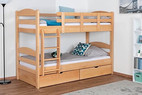 Etagenbett für Erwachsene Easy Premium Line K21 inkl. 2 Schubladen und 2 Abdeckblenden, Kopf- und Fußteil gerundet, Buche Vollholz massiv Natur - 90 x 200 cm (B x L), teilbar