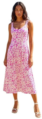 Roman Fit & Flare Dress for Women UK - Ladies Patchwork Geometric Tropical Floral Print Skater Stretch Jersey Swing Strappy Flattering Casual Summer Sleeveless - Fuschia - Size 18