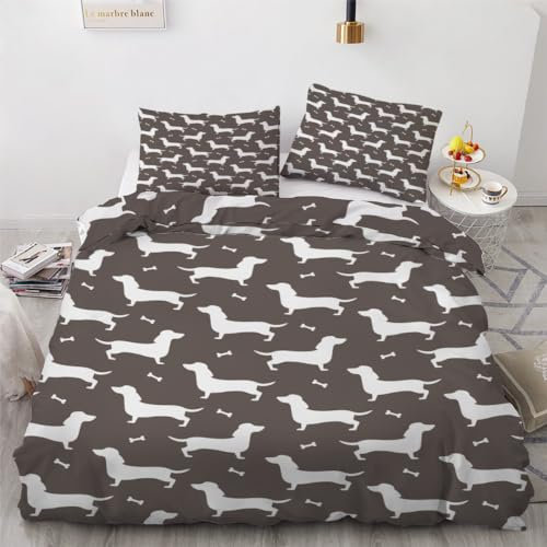 ROUSKI Bettwäsche Dackel 200x200 cm 3teilig 100% Leicht Mikrofaser Bettbezug Cartoon Dackel Wendebettwäsche mit Reißverschluss 3D Motiv Zimmer Dekor Bettwäsche-Sets mit 2 Kissenbezüge 80x80