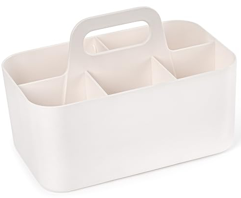 Winter Shore Weißer Mehrzweck-Caddy Organizer - 5 Fächer, Abnehmbare Trennwand, Griff - Stapelbarer Aufbewahrungskorb Plastik für Schreibtisch, Make-up, Büro/Schule - Korb Kunststoff für Alltagsbedarf