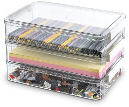 Citylife 3 PCS Plastic Storage Boxes with Lids Portable Case for Drawers, Clear Stackable File Box for Organizing A4 Paper, Letters, Stationery, Documents, Craft, Photo, 34.5 × 23.5 × 6.5 Cm