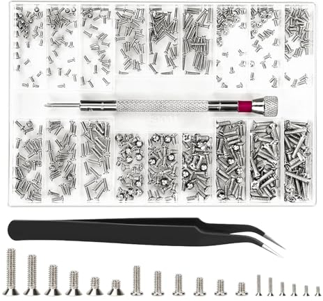 Kleine Schrauben, 500 Stück Brillenschrauben, Mikroschrauben Winzige Reparaturschrauben Set mit Schraubendreher Pinzette für Brillen Uhren Maus Laptop(Silber)