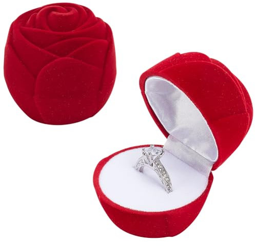 MAYJOYDIY 2 scatole per anelli in velluto rosso a forma di rosa, romantiche, con fiori, per proposte, cerimonie, matrimoni, ragazze, portagioie
