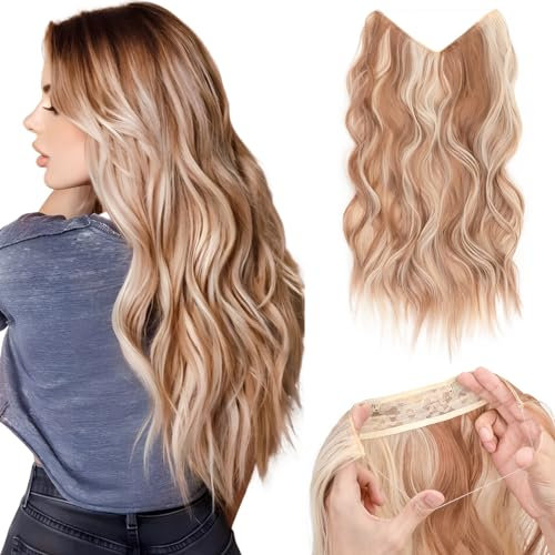 Silk-co Haarverlängerung mit Gummiband, Einstellbar Secrets Haarteil Synthetik, Extensions mit Schnur und Clips, Lange Gewellt Extensions für Frauen, 40cm Dunkelgoldene Mix Beigeblond