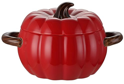 Plato de sopa de cerámica, calabaza cerámica postre cacerola con asa, 66oz hornear plato lindo calabaza Bowl, grande cubierto holandés horno de cerámica Stockpot, Cazuela en forma de calabaza (rojo)