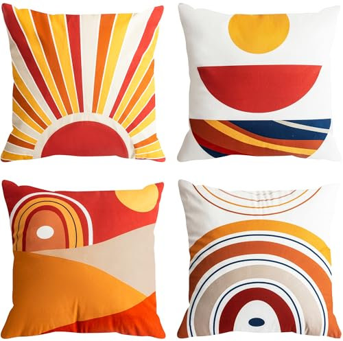 ZHILING 4er Set Kissenbezug 40x40cm Mid Century Bohemian Stil Sonne Mond und Regenbogen geometrisch abstrakt dekorative Kissenbezüge Heimdekoration quadratische Standard Kissenhülle 16x16 Zoll