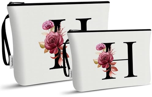Vavabox A-Z Personalisierte Kosmetiktasche 2er Set - Geschenk, Weiß H | Geburtstagsgeschenk für Freundin Schwester Mädchen, Kulturbeutel und Kosmetikbeutel mit Buchstabe, Schminktasche Reise