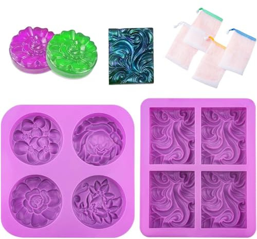4 stampi per sapone in silicone, stampo in silicone per sapone, fiori in silicone, con 4 reti in schiuma, crea il tuo sapone, timbro per sapone, per candele, sapone, 2 pezzi