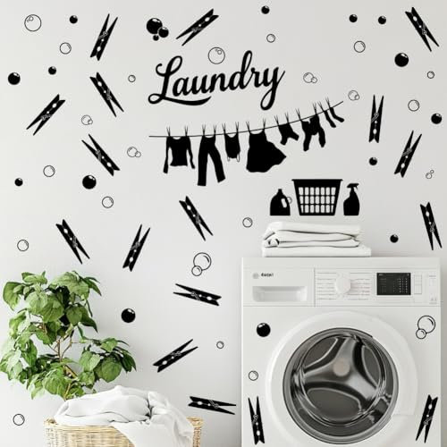SUPERDANT Wandaufkleber Mit Wäsche Und Blasenmotiv Wandsticker Mit Klammern Und Kleidung Wandtattoo Waschküche Vinyl Wandsticker Wall Stickers Für Waschküche Zuhause Wohnzimmer