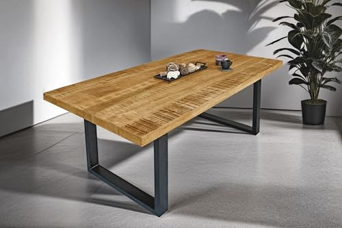 SAM Esstisch Libro 180x90 cm Mangoholz gerade Kante U-Gestell schwarz | Esszimmertisch massiv, raue Oberfläche, Metallgestell