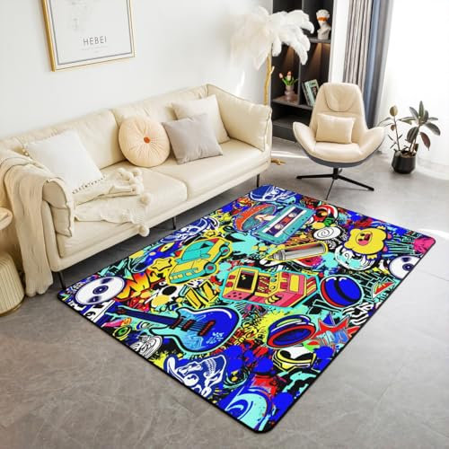Loussiesd Hippie Graffiti Stil Teppich 100x150cm Für Kinder Jungen Teens Graffiti Grafik Modern Teppich Hip Hop Musik Wohnzimmerteppich Street Culture Outdoor Teppich