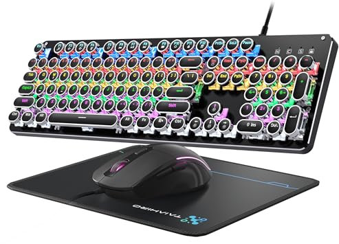 Tastiera e mouse meccanico per macchina da scrivere, tastiera da gioco a 104 tasti, stile retrò, pannello in metallo, stile punk, con interruttore blu Clicky con mouse retroilluminato RGB e pad Combo