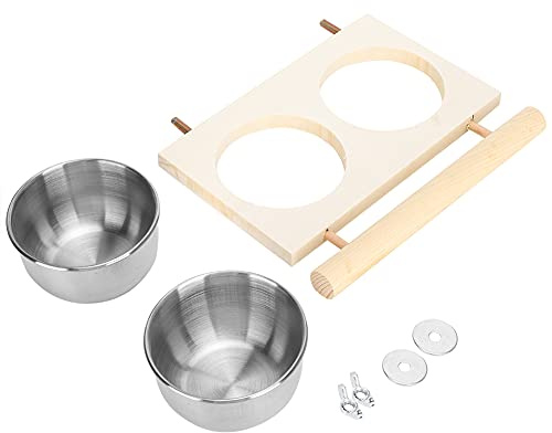 Bird Perch Stand, Feeding Bowl Stainless Steel Food Water Feeder Stand, Wooden Feeders Cage Accessory with for Small Coc Ls Conures Parakeets Finch Single (Double Slot)