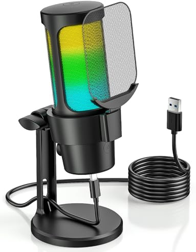 Anykuu USB Gaming Mikrofon mit Ständer, RGB, Plug & Play, Mute-Taste | Pop-Filter, 1,8 m USB-Kabel, klare Sprachaufnahme, ideal für Streaming, Podcast, Online-Meetings
