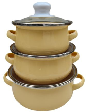 ＡＷＨＡＯ Set of 3 Enamel Saucepans with Lid, for Stews, Soups, Cooking Utensils, Multi-Purpose Kitchen Utensils with Double Handles, Yellow