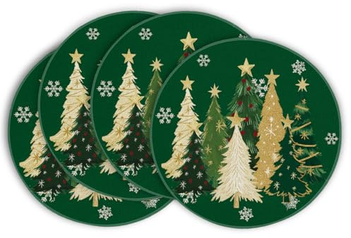 Artoid Mode Grün Bäume Sterne Weihnachten Runde Platzsets 4er Set, 37cm Winter Xmas Tischset Platzdeckchen Küche Party Deko