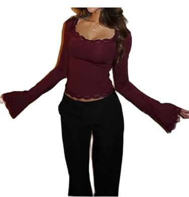 Women Lace Trim Square Neck Top Long Bell Sleeve Slim Fit Cropped Tops | Elegant Basic Lace Blouses, with Stretchy Soft Breathable Fabric, Perfect for Casual Leisure Going Out Party