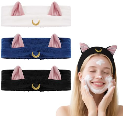 LOPHE Make Up Haarband, 3 Stück Gesicht Waschen Stirnband mit Katzenohren, Elastisches Gesicht Handgelenk Waschband Haarband Katzenohren für Mädchen Damen Yoga, Sport, Hautpflege