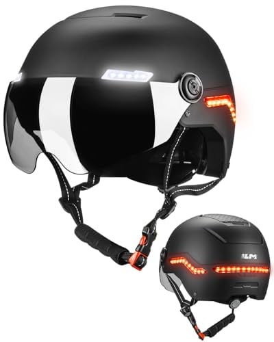ILM Casque Velo Homme Femme Trotinette Electrique Adulte avec Clignotants à Capteur G Automatique, Alerte de Freinage avec Visiere Homologué NTA-8776, CPSC, CE Modèle MB101L,Noir Mat,L/XL