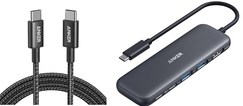 Anker USB C to USB C Charger Cable (6ft/1.8m Nylon) & USB C Hub, 5-in-1 USBC to HDMI Splitter with 4K Display, 1 x Powered USB-C 5Gbps & 2×Powered USB-A 3.0 5Gbps Data Ports