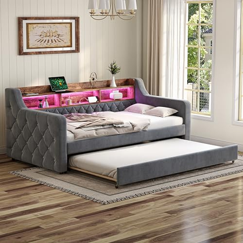 Yihomfy 90x190 Tagesbett mit Ausziehbett und Ladestation, Gepolstertes Bettgestell mit Stauraum im Kopfteil und LED, Sofa-Tagesbett für Wohnzimmer, Schlafzimmer und Gästezimmer (Grau, Type-A)