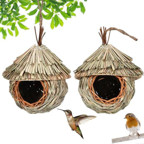 2 Nistkästen, Handgewebte Vogelhäuser zum Aufhängen, 19x15 cm | Grasnest für Meise, Amsel, Rotkehlchen, Kanarienvogel, Zaunkönig, Kolibri, Natürliche Optik